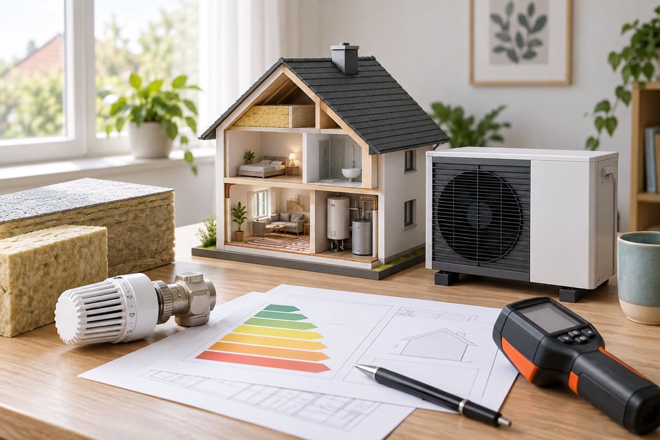 Hausquerschnitt mit Wärmepumpe, Dämmung und Energieunterlagen
