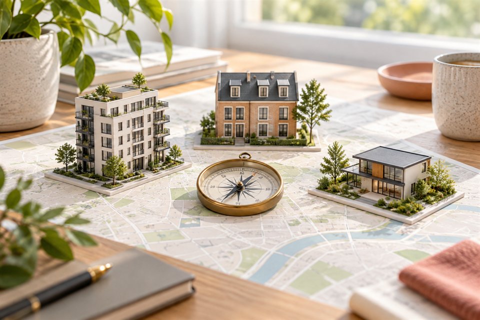 Verschiedene Wohnformen mit Kompass auf einem Stadtplan