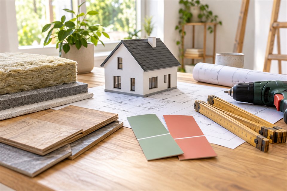 Hausmodell mit Dämmung, Materialmustern und Werkzeug