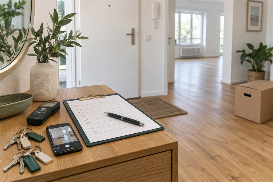 Schlüssel, Übergabeprotokoll und Messgerät in einer leeren Wohnung