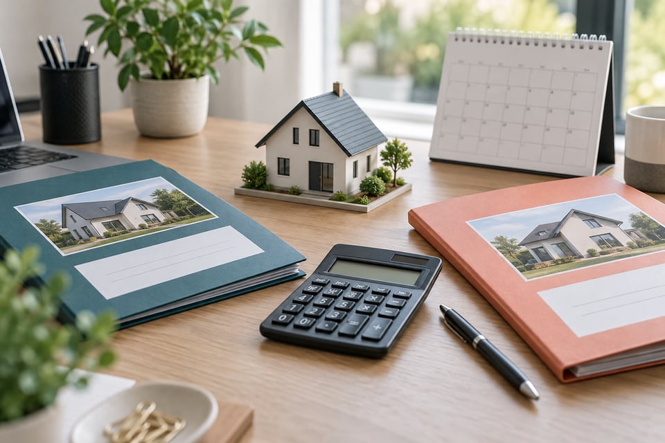 Immobilienverkauf mit Kalender, Vertrag und Steuerunterlagen